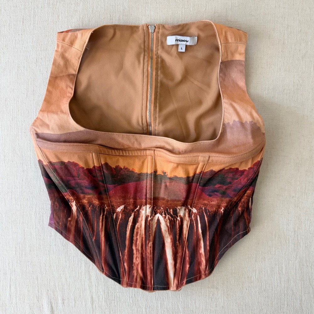 Miaou Campbell Oasis Corset Top Large Orange Desert Waterfall Landscape Boned - Picture 11 of 16